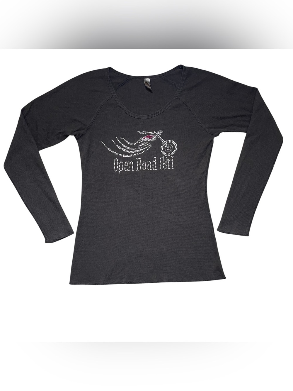 District Open Road Girl Y2K black thermal long sleeve shirt rhinestone graphic M